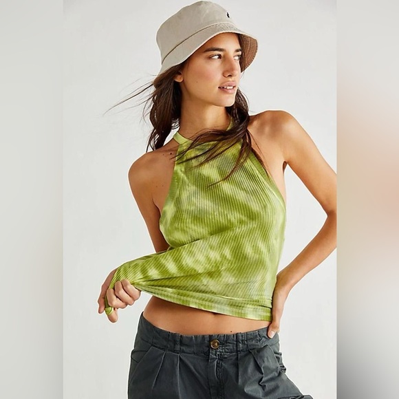 Free People Easy Breezy Ribbed Halter Tie Dye Tank top Green Size Small - Picture 3 of 4